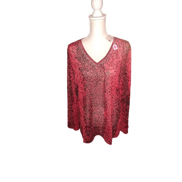 NWT Susan Graver Sz Large V neck Sheer Sassy Red Leopard pullover - Picture 2 of 7